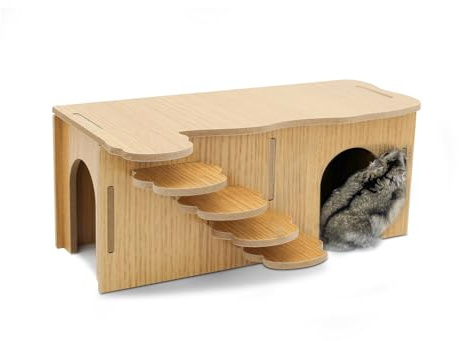 LuckyOpt Wooden Hamster Hideout, Luxury Small Animal House with 2 Rooms and Funny Climbing Ladder Hamster Exercise Toys for Dwarf Hamsters, Rat, Gerbil, Mouse