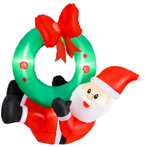 GYMAX Anello di Natale, 120 cm Gonfiabile Babbo Natale con Luci LED e Ghirlanda Natalizia, Decorazione Natalizia da Finestra e Gonfiabile di Babbo Natale, Decorazione per Interni/Esterni