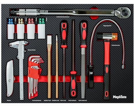 Mephisto Werkzeugeinlage Pro Line Drehmomentschlüssel-Set | Werkzeug Set Werkstattwageneinlage Teppichmesser, Metallfeilen, Meisel, Drehmomentschlüssel, Gummihammer, Soft Inlay