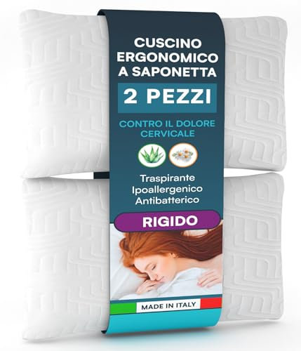 Eurocali 2 Cuscini Memory Foam Ergonomico ed Ipoallergenico Guanciale Letto Made in Italy Supporto Cervicale Rigido e Traspirante con Fragranza Aloe Vera e Camomilla