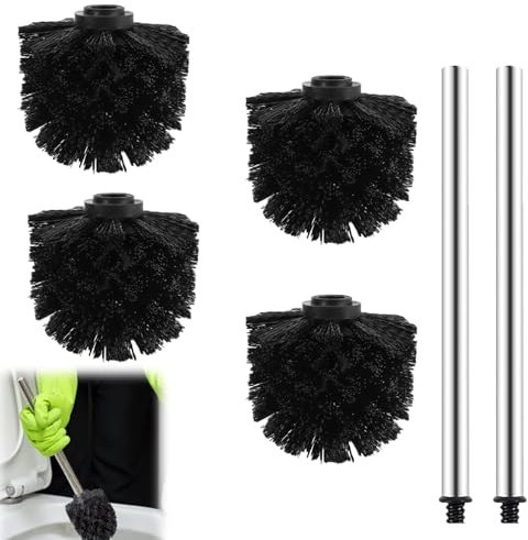 WC Bürstenkopf für Klobürsten, Klobürste Ersatzbürstenkopf, Toilettenbürste, Bürstenkopf Ø 8 cm aus Kunststoff, für Austauschklobürstenköpfe - 4 Stück Schwarz Bürste mit 2 Edelstahlstiel