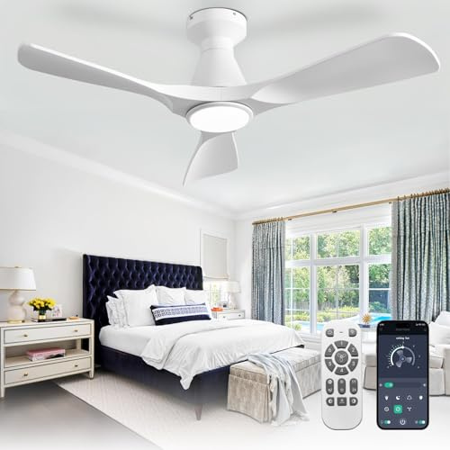 Depuley 42-Zoll-Deckenventilatoren mit Licht: Weiß 3 Flügel Flush Mount Low Deckenventilator für Schlafzimmer - Dimmbarer Innenventilator mit APP-Fernbedienung Ultraleiser DC-Motor Zeitschaltuhr
