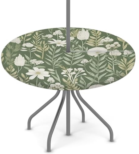 Woltant Round Tablecloth with Parasol Hole and Zipper Wipe Clean Table Cover with Elastic Edges Outdoor Table Protector for Garden Patio BBQ (Green Flower Leaf)