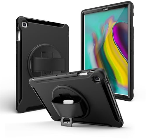 SLLMYYX Custodia per Samsung Galaxy Tab S5e 10,5 SM-T720/SM-T725, supporto girevole a 360 gradi, protezione antiurto con cinturino da polso, nero