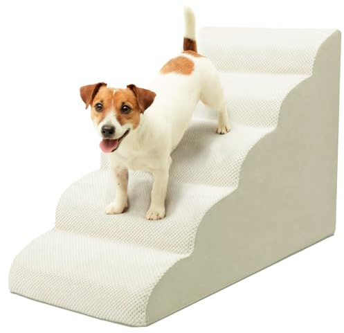 Niubya Hundetreppe für Kleine Hunde, H62 cm, für Katzentreppe Hundetreppe Bett und Sofa, ältere und verletzte Haustiere, mit waschbarem Bezug und hochdichtem Schaumstoff (Beige, 5 Stufen)
