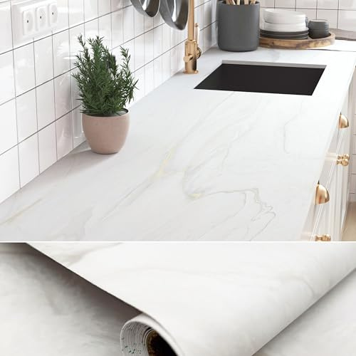 50cm(W)×5m(L), Matt Marble Vinyl Wrap for Furniture, Worktop Vinyl Covering, White Marble Sticky Back Plastic Roll, Heat-Resistant Contact Paper Self Adhesive for Kitchen Worktops Countertops