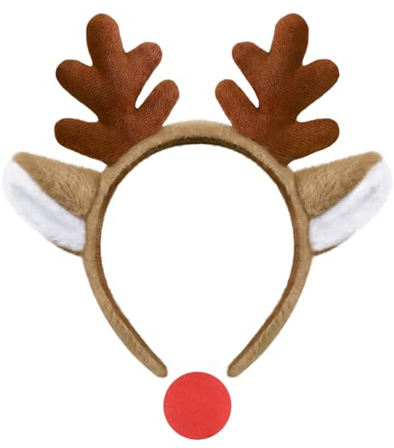 duludulu Reh Haarreif Damen, Reh Geweih Haarreif Rentier KostüM Erwachsene Reh Ohren mit roter Nase Kinder Cosplay für Karneval fasching Halloween Christmas Festival Mottoparty