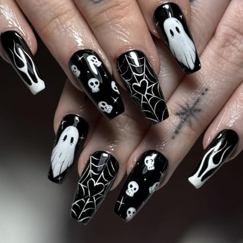 Boloshine 24Pcs Halloween Fake Nails, Lang Coffin Herzförmiges Spinnennetz Nägel Zum Aufkleben, Natürlich Acrylic Künstliche Nägel Full Cover Press on Nails für Mädchen Frauen