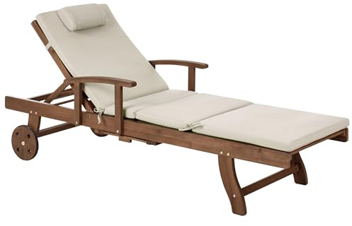 Beliani Acacia Wood Garden Sun Lounger Reclining with Wheels Classic Design with Taupe Cushion Amantea Premium