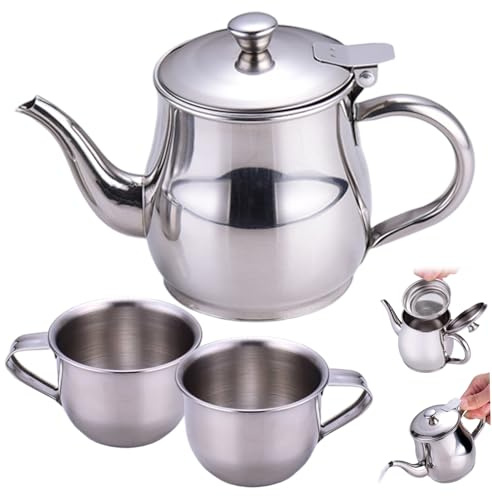 CAKEEYUM Kids Tea Set Includes Portable 330ml Stainless Steel Long Spout Teapot with Filter Screen and 2 70ml Cups for Children Gifts Childrens Tea Set, Kids, Small Teapot, Stainless Steel, Me
