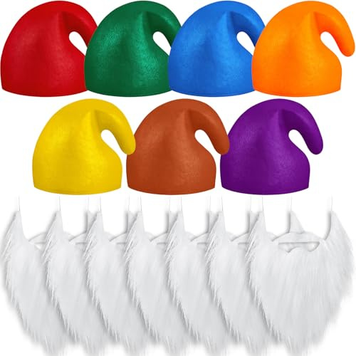 Jadive 14 Stück Zwerg Kostüm Set 7 Zwergenmütze 7 Zwergenbart | Bunte Zipfelmütze mit Bart, Weißer Zwerge Bart, Wichtelmützen für Erwachsene, Für Karneval, Fasching, Halloween, Weihnachten