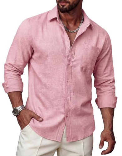 Ailisus Chemise en lin pour homme - Manches longues - Couleur unie - Coupe droite - Chemise d'affaires - Chemise de loisirs - Chemise d'été - Chemise de plage - Tailles S à 3XL, Rose, M
