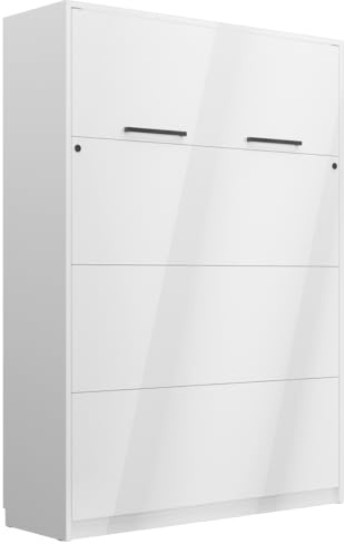 QMM Schrankbett Wandklappbett vertikal GN 160x200 mit LED weiß, Congo, Eiche geölt, Eiche Lancelot mit schwarz (Weiß Hochglanz (Fronten))