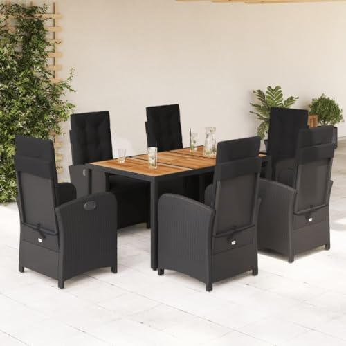 KKHOMEI Gartenmöbel Set 6 Verstellbare Hochlehner Stühlen mit Tisch Rattan Essgruppe 6 Personen Garten Sitzgruppe Terrassenmöbel Außen mit Auflagen Sitzgarnitur Schwarz-K578