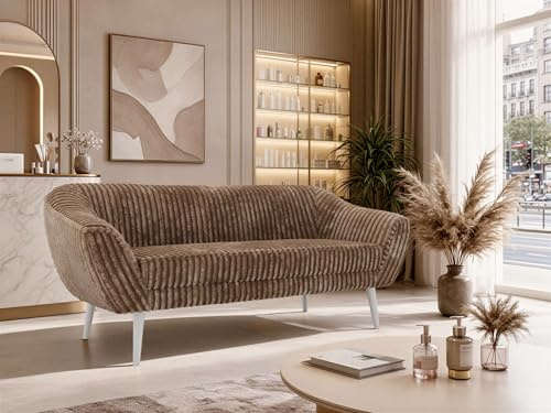 MKS MEBLE Sofa PIRS 3-Sitzer - Skandinavisches Design Couch, Gesteppte Polsterung, Wellenfederung, bequemes Polstersofa für Wohnzimmer - Weiße Beine, Braun Cord