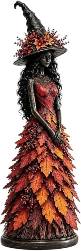 Hexe Figur Halloween Deko Harz Blattkleid Tisch Kamin Decor 18cm (D) | Detaillierte Harz Hexen Statue mit Blattkleid, Herbstliche Farben, Tisch- und Kamindeko für Halloween & Erntedank