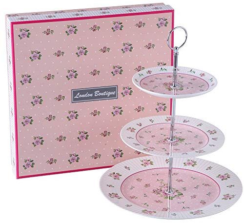 Cake Stand Afternoon Tea Stands 3 tier Cake Stand Vintage Flora Rose New Bone China Serving Plate for Tea Party High tea at home Gift for Her (Pink)