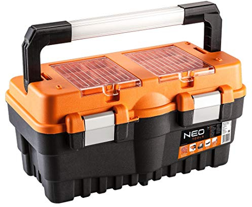 NEO TOOLS Gereedschapkoffer Werkzeugkasten 18, 462x256x242, Alu-Schnappverschlüsse, 2 Aufbewahrungsfächer mit Deckeln aus Polycarbonat, klappbare Schale