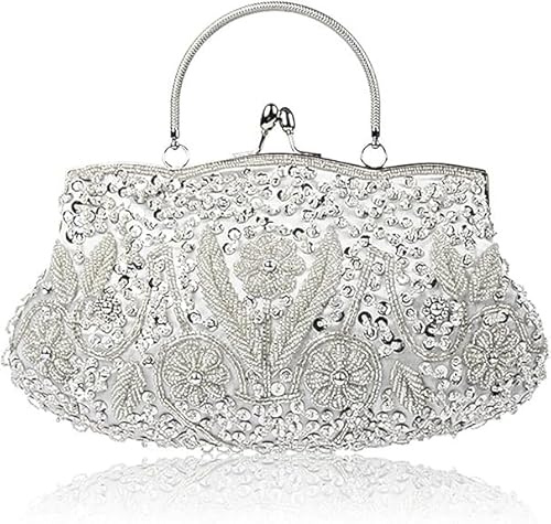 EROUGE Abendtasche mit Perlen und Pailletten, Blumenmotiv, groß, silber