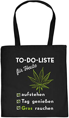 Cannabis Spruch/Motiv Tasche - Baumwolltasche Kiffer : to-Do-Liste - Gras Rauchen - Tragetasche Grass/Weed/Hanf - Farbe: Schwarz