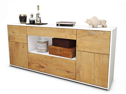 Stil.Zeit Sideboard Fabiola, Korpus Weiss matt, Front Holz-Design Eiche (180x79x35cm) Push-to-Open Technik & Leichtlaufschienen