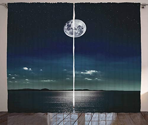 ABAKUHAUS Ozean Rustikaler Vorhang, Vollmond im Meer, Wohnzimmer Universalband Gardinen mit Schlaufen und Haken, 280 x 175 cm, Nachtblau