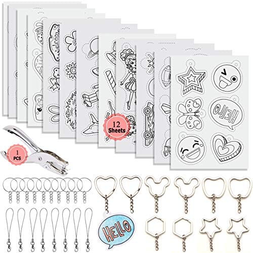 YuChiSX Schrumpfplastikblatt Satz,Schrumpf-Kunststoff-Bogen-Set,Schrumpfpapier,Wärme Shrinky Blätter Pack Enthält 12 Schrumpfkunstpapier Locher, Schlüsselanhängerzubehör für Kinder Craft