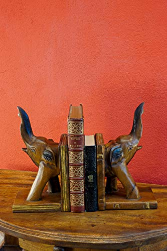 Buchstütze Elefant - Handgeschnitzte Bücherstützen aus massiven Akazien Holz - 30cm Dekoration (Braun)