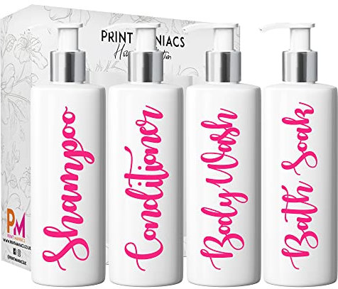 Print Maniacs Mrs Hinch Inspired White Personalised Pump Bottles Bathroom Kitchen Set Shampoo Conditioner (Pink)