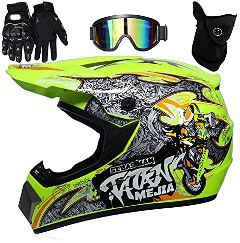 UIGJIOG Downhill Motorradhelm Kinder, Helm Set Herren ATV Motorradhelm D.O.T Zertifizierter Helm Mit Brille Handschuhe, Integralhelm MTB Inklusive 4 Größen Helmfutter,D