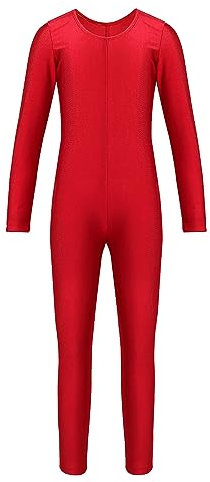 Agoky Unisex Mädchen Jungen Basic Ganzkörperanzug Einteiler Schlafanzug Jumpsuit Kostüm Ballettanzug Overall Langarm Body Rot 140-152