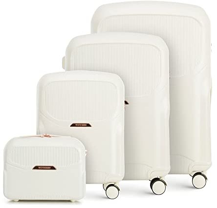 WITTCHEN Stilvoller Koffer-Set of 4 Trolley Strapazierfähigem Polycarbonat Trolley 4 Doppel-Lenkrollen TSA Zahlenschloss Reisekofferset Gepäckset (S+M+L+Kosmetikkoffer) Cremefarben