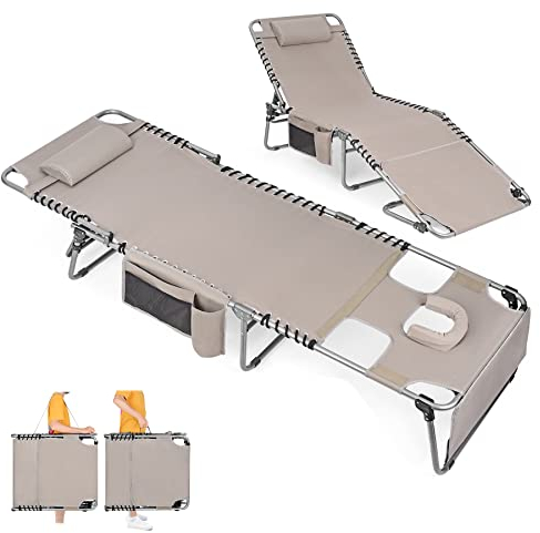 Robuster Bräunungsstuhl mit Gesichtsloch, verstellbar, 5-Positionen, zusammenklappbar, für den Außenbereich, tragbar, flach, Strand, Lounge, Stuhl für Outdoor, Sonnenbaden, Terrasse, Camping, Deck