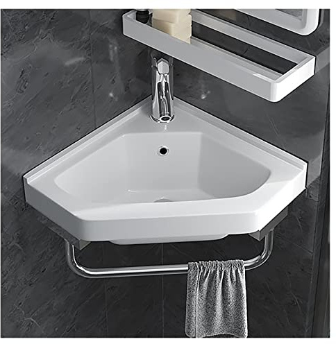 ZDMZR Lavabo in Ceramica ad Angolo Bianco, Lavabo a Parete Bagno con Rubinetto Combinato e Appendiabiti a Torre, Bianca con Troppopieno