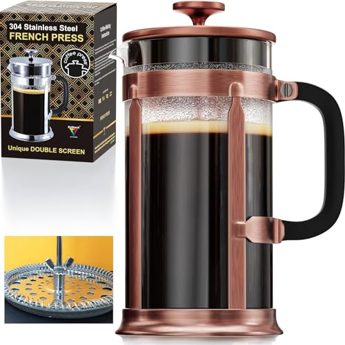 coffee press French Press Coffee Maker with 2 Extra Screens, 34oz, French Press Stainless Steel 304 Grade, Easy Disassemble Design Double Filter, Thick Heat Resistant Glass Pot (Copper)