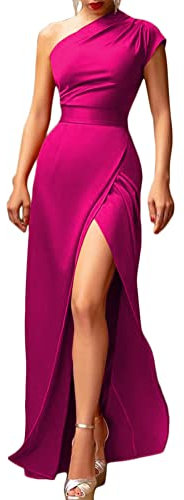 ORANDESIGNE Abito da Sera e Cerimonia Donna Midi Abiti con Spacco Estivi Vestito Monospalla Senza Maniche Tinta Unita Lungo Vestiti Senza Spalline Sexy Cocktail Festa Party Dress A Rosa Rossa L