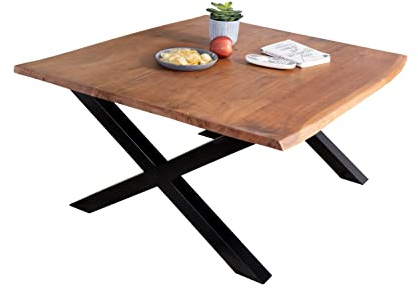 SAM Couchtisch Quintus 90x90 cm Akazie nussbaum X-Gestell Schwarz | Baumkantentisch massiv, Akazienholz nussbaumfarben, echte Baumkante, massiver Sofatisch, Metallgestell