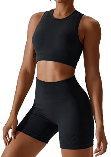 Gym Set Damen Zweiteiler Frauen Sport BH Oberteile Crop Tops+High Waist Shorts Workout Outfit Yoga Kleidung Sportanzug Sportkleidung Fitness Bekleidung Sportsachen Trainingsanzug Schwarz Shorts S