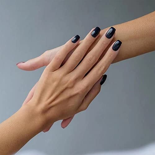 24pcs Square False Nails Short Stick on Nails Navy Blue Press on Nails Removable Glue-on Nails Fake Nails Women Girls Nail Art Accessories