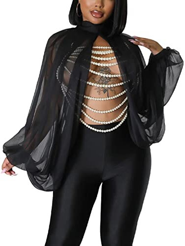 Ekaliy Frauen Ballon Ärmel Hoher Schlitz Sommer Lose Chiffon Tops Sehen Durch Unregelmäßige Blusen Beachwear, 12schwarz, XL