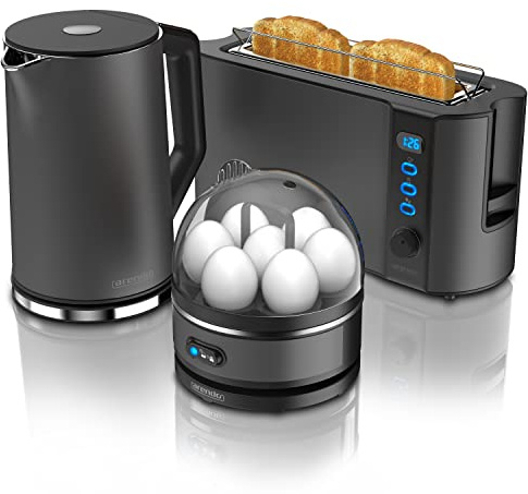Arendo - Wasserkocher mit Toaster SET und Eierkocher, Edelstahl Grau Wasserkocher 1,5L 40° - 100°C, Toaster 2 Scheiben LED-Display 6 Bräunungsgrade Eierkocher 1-7 Eier Messbecher BPA fre