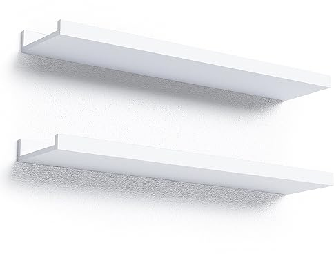 Boswillon 60 cm lange schwebende Regale, 2 Set modernes weißes Wandregal für Schlafzimmer, Kinderzimmer Bücherregal mit Lippe, Bilderleiste Regal für Wohnzimmer, Badezimmer, Küche