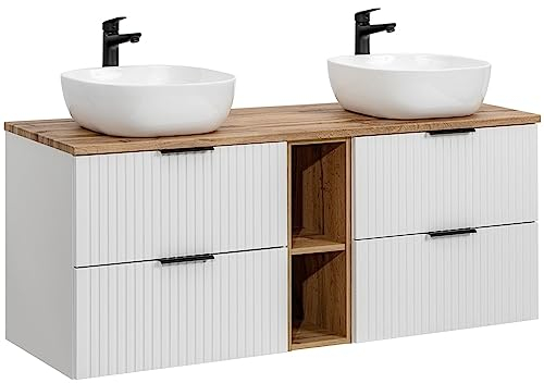 Lomadox Doppelwaschtisch 140cm mit 2 Aufsatzwaschbecken, weiß mit gerillter Front und Eiche Nb., Waschtischplatte in Eiche, 4 Schubladen