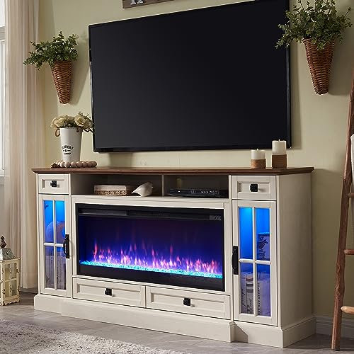 OKD Fireplace TV Stand for 80 Inch TV, Farmhouse Entertainment Center with 42 Fireplace & LED Lights, Modern Media Console Table with Storage Drawers & Cabinets for Living Room, Antique White