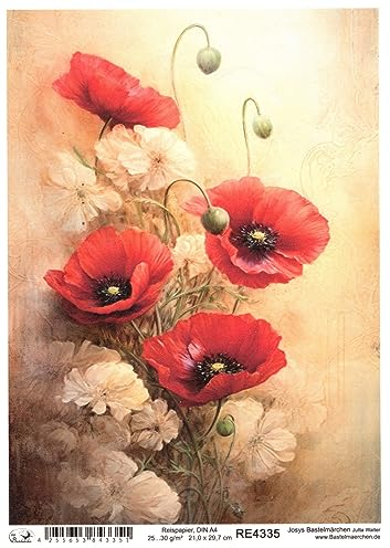 Josys Bastelmärchen Reispapier A4 Strohseide Vintage Scrapbooking Blumen Mohnblumen RE4335