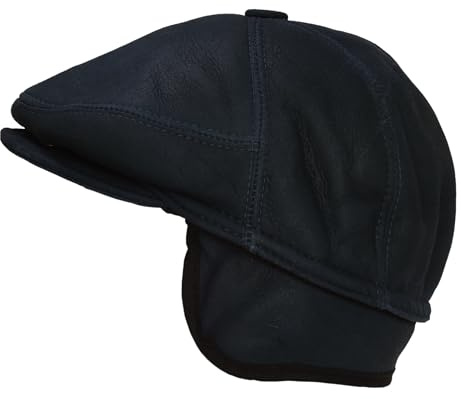 CUCUBA Coppola Cappello da Uomo in Pelle di Montone Shearling - Berretto con Visiera e Paraorecchie - Blu Scuro (L) 58