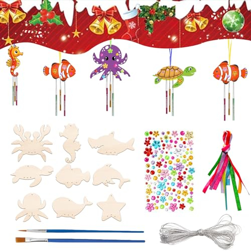 Lunriwis 50 Stück Ocean Series Windspiel aus Holz Weihnachten Bastelset,Ocean Series Anhänger mit Holzmalerei,Holzanhänger Weihnachten zum Bemalen,Weihnachtsdekoration Basteln