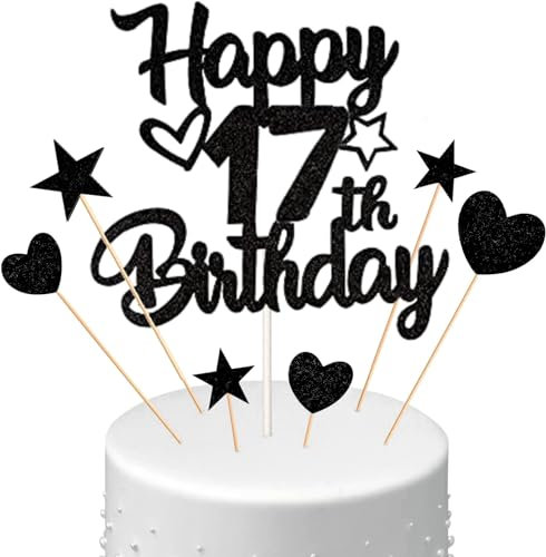Conruich Tortendeko 17. Geburtstag Jungen, Kuchendeko Happy 17th Birthday Schwarz, Glitzer Kuchen Topper 17. Geburtstag Ballons Konfetti Papierfächer für Geburtstagstorte Deko 17 Jahre Junge Mädchen