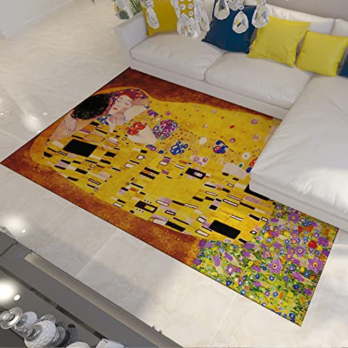 CIHCOHOME Gustav Klimt Style Collection Area Teppich World Classic Artwork Kiss Design rutschfest und pflegeleicht Ideal für stark frequentierte Bereiche im Schlafzimmer 160x240cm