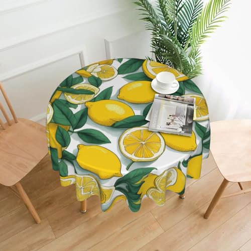 YYHWHJDE Runde dekorative Tischdecke mit gelbem Zitronenbild, 152,4 cm: knitterfrei, kann gewaschen und wiederverwendet werden